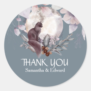 Black cat full moon dusky blue floral thank you classic round sticker