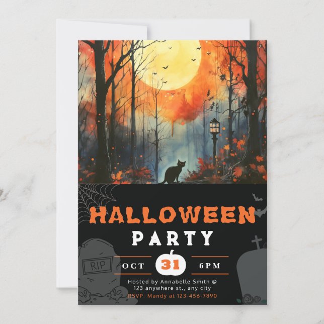 Black Cat Full Moon Forest Black Halloween Invitation (Front)