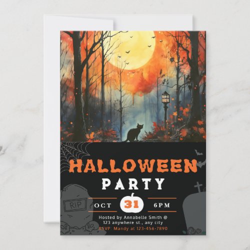 Black Cat Full Moon Forest Black Halloween Invitation