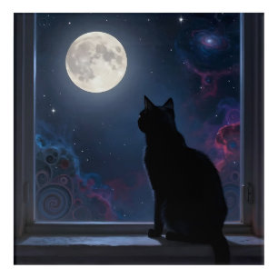 Black Cat Full Moon Galaxy Window Scene Acrylic Print