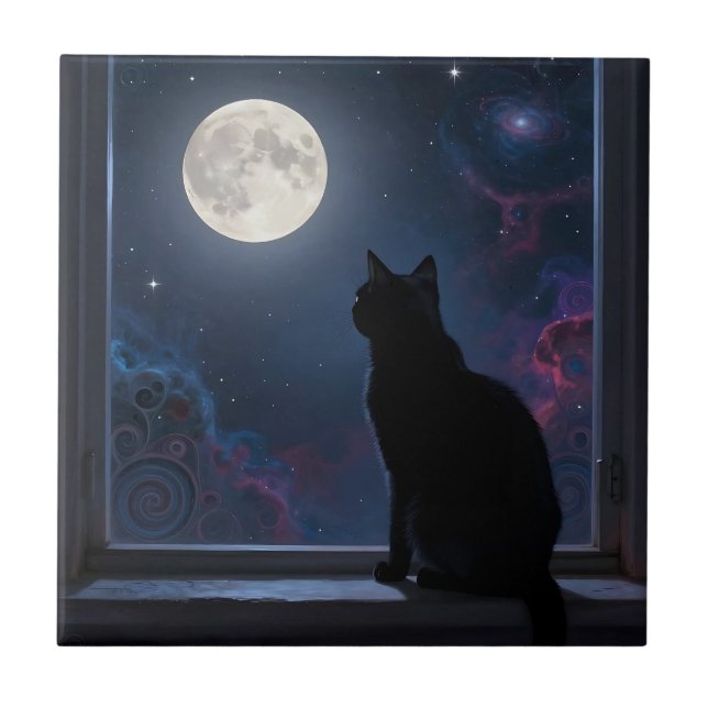 Black Cat Full Moon Galaxy Window Scene Ceramic Tile (Front)