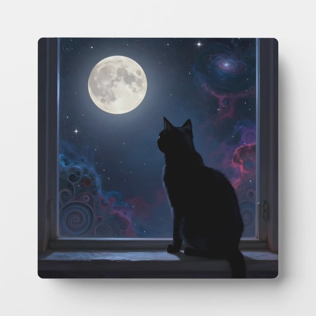 Black Cat Full Moon Galaxy Window Scene Plaque (Front)
