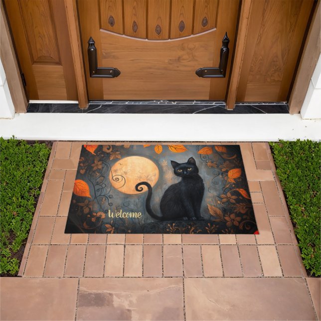 Black Cat Full Moon Ornate Halloween Welcome Doormat (Outdoor)