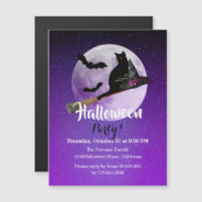 Black Cat Full Moon Purple Halloween Party Magnetic Invitation at Zazzle