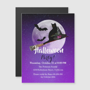 Black cat full moon purple Halloween party Magnetic Invitation