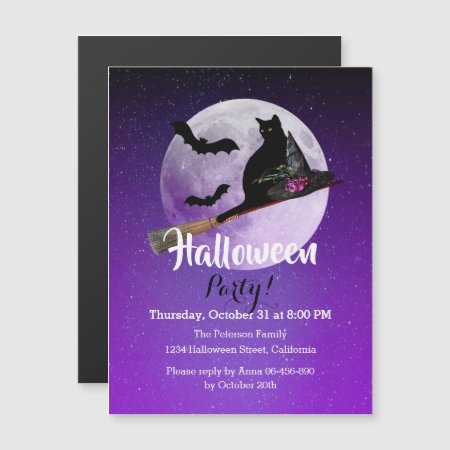 Black Cat Full Moon Purple Halloween Party Magnetic Invitation