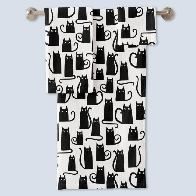 Black Cat Fun Pattern Black and White Bath Towel Set (Black cat pattern monochrome black and white fun bath hand and face towel set)