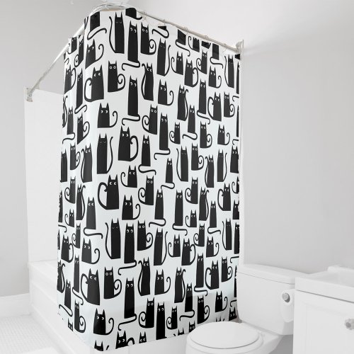 Black Cat Fun Pattern Black and White Shower Curtain