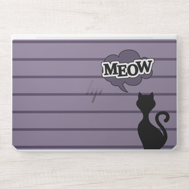 Black cat funny cartoon says meow HP laptop skin (Front)
