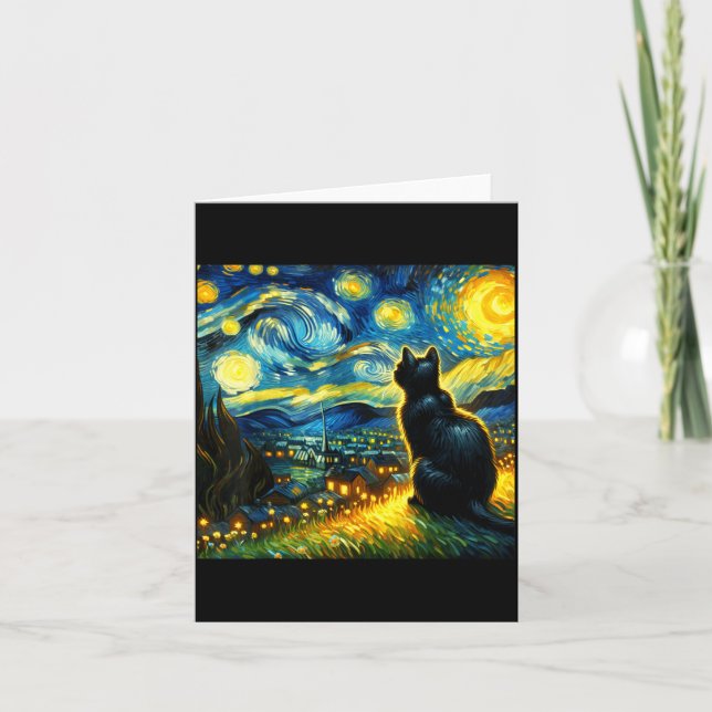 Black Cat Funny Cat Lover Mom Daddy Starry Night V Card (Front)