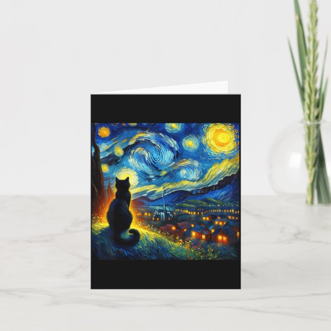 Black Cat Funny Cat Lover Mom Daddy Starry Night V Card (Front)