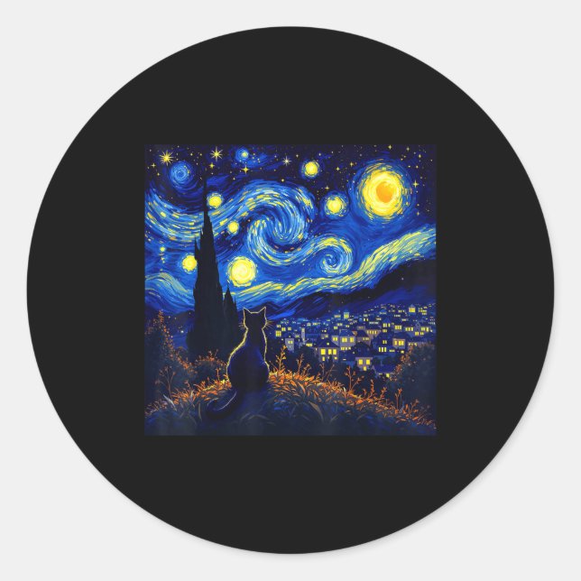 Black Cat Funny Cat Lover Mom Daddy Starry Night V Classic Round Sticker (Front)
