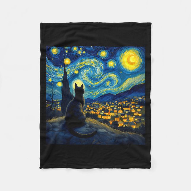 Black Cat Funny Cat Lover Mom Daddy Starry Night V Fleece Blanket (Front)