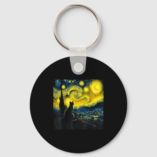 Black Cat Funny Cat Lover Mom Daddy Starry Night V Keychain (Front)