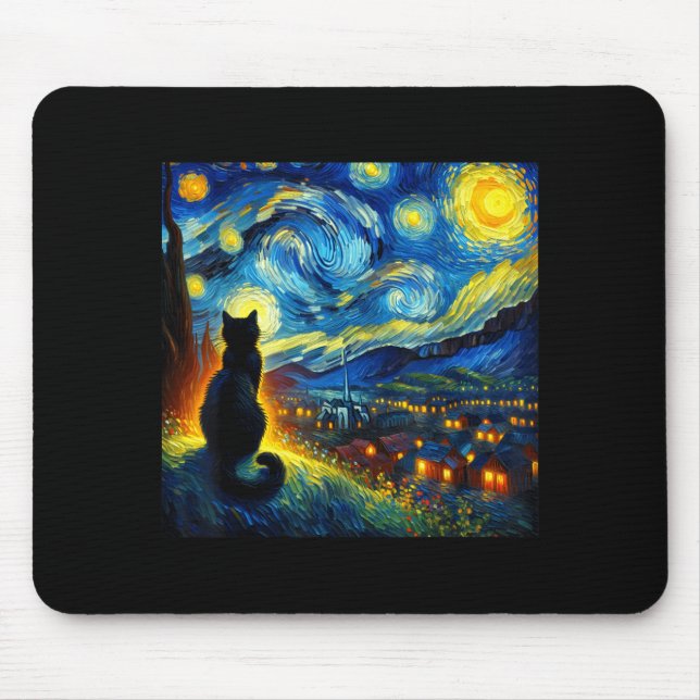 Black Cat Funny Cat Lover Mom Daddy Starry Night V Mouse Pad (Front)