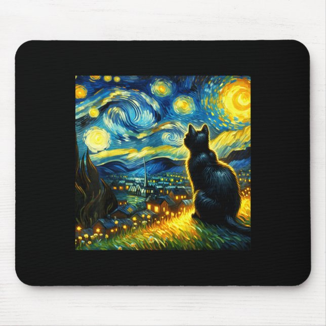 Black Cat Funny Cat Lover Mom Daddy Starry Night V Mouse Pad (Front)