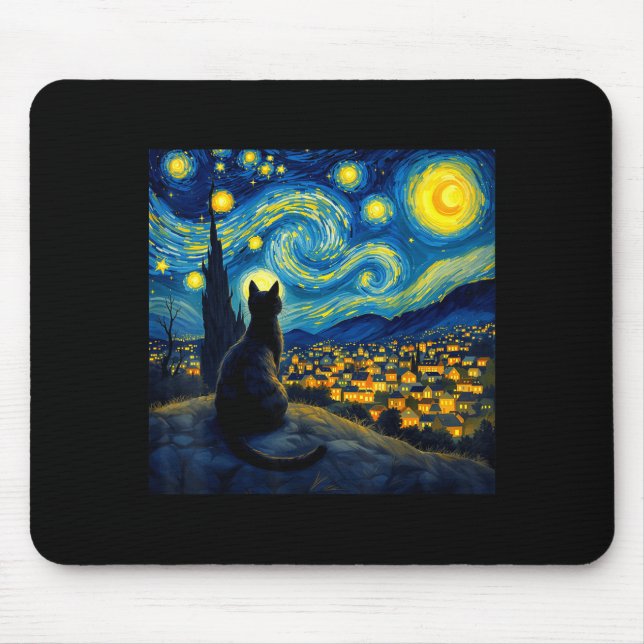 Black Cat Funny Cat Lover Mom Daddy Starry Night V Mouse Pad (Front)