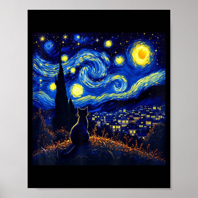 Black Cat Funny Cat Lover Mom Daddy Starry Night V Poster (Front)