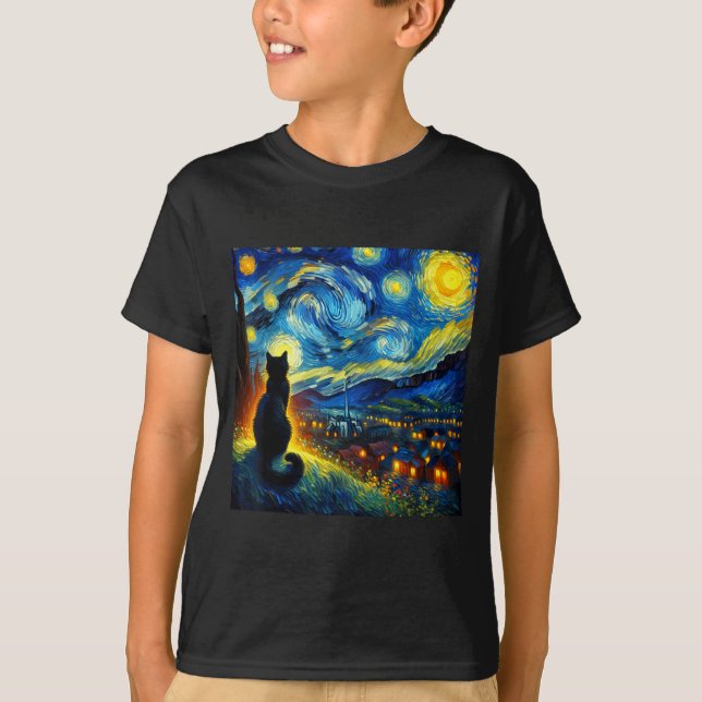 Black Cat Funny Cat Lover Mom Daddy Starry Night V T-Shirt (Front)