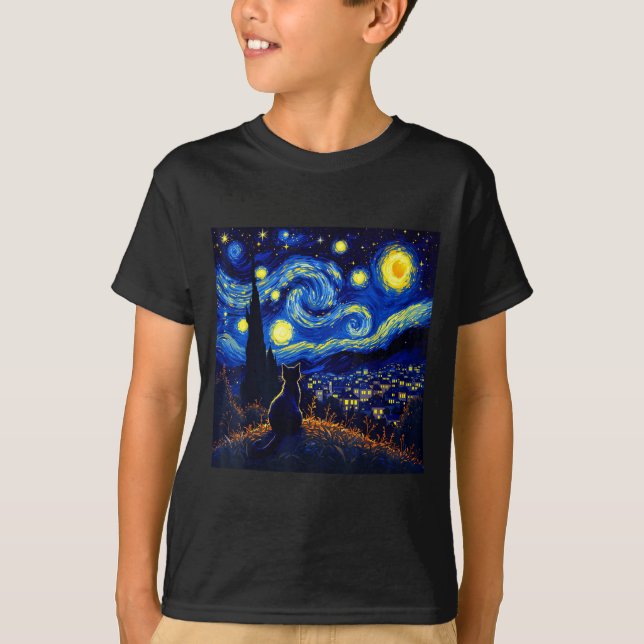 Black Cat Funny Cat Lover Mom Daddy Starry Night V T-Shirt (Front)