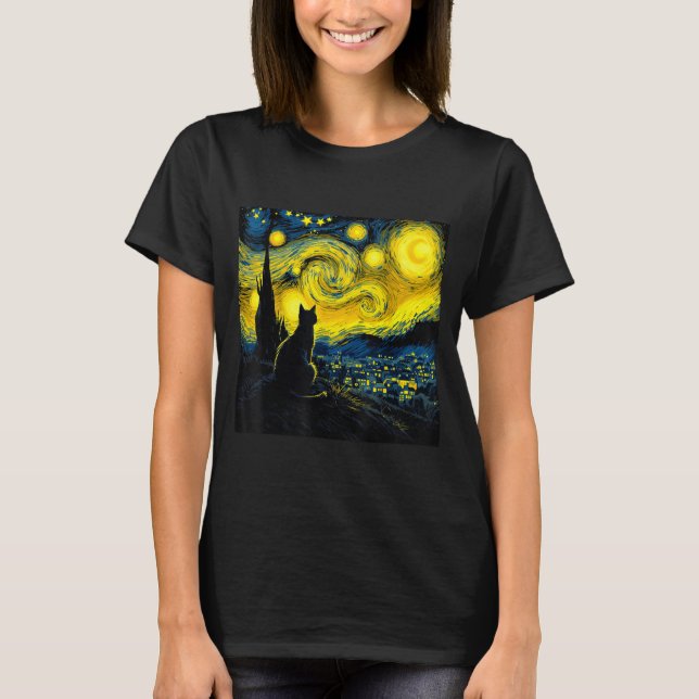Black Cat Funny Cat Lover Mom Daddy Starry Night V T-Shirt (Front)