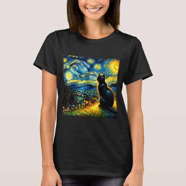 Black Cat Funny Cat Lover Mom Daddy Starry Night V T-Shirt (Front)