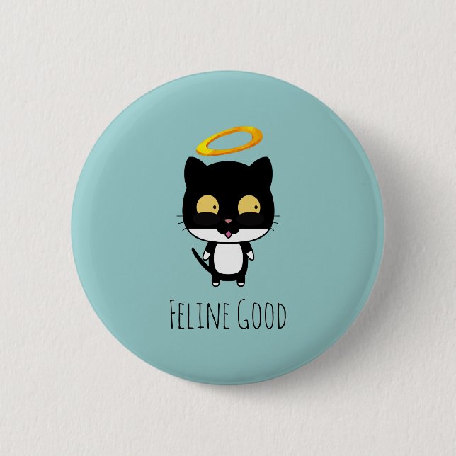 Black Cat Funny Pun With Halo - Feline Good Pinback Button (Front)