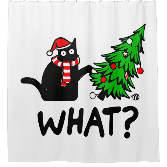 Black Cat Funny Pushing Christmas Tree  Shower Curtain (Front)
