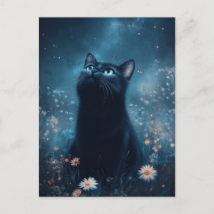 Black Cat Gazing at Blue Star Nebula Night Garden Postcard