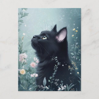 Black Cat Gazing Upward in Magical Flower Garden Postcard