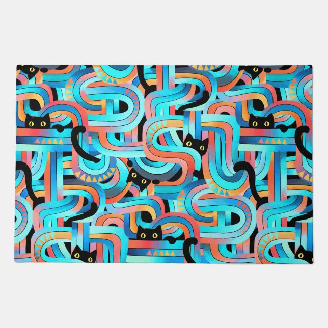 Black Cat Geometric Maze Pattern Doormat (Front)