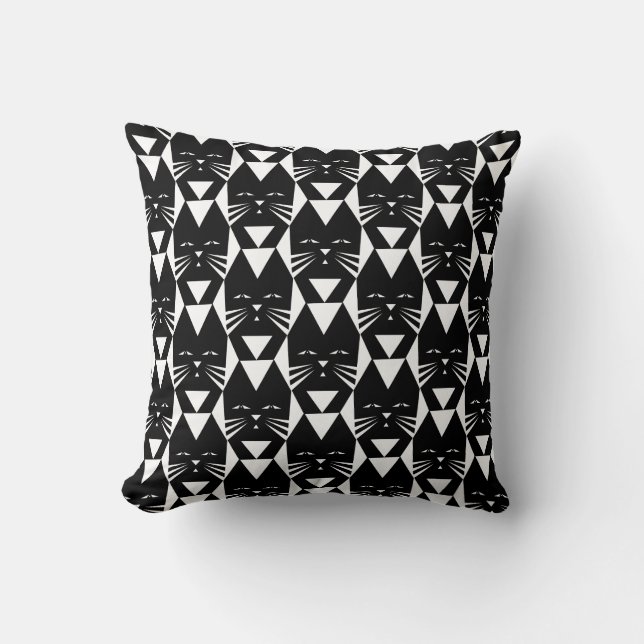 Black Cat Geometric Pattern Throw Pillow (Front)
