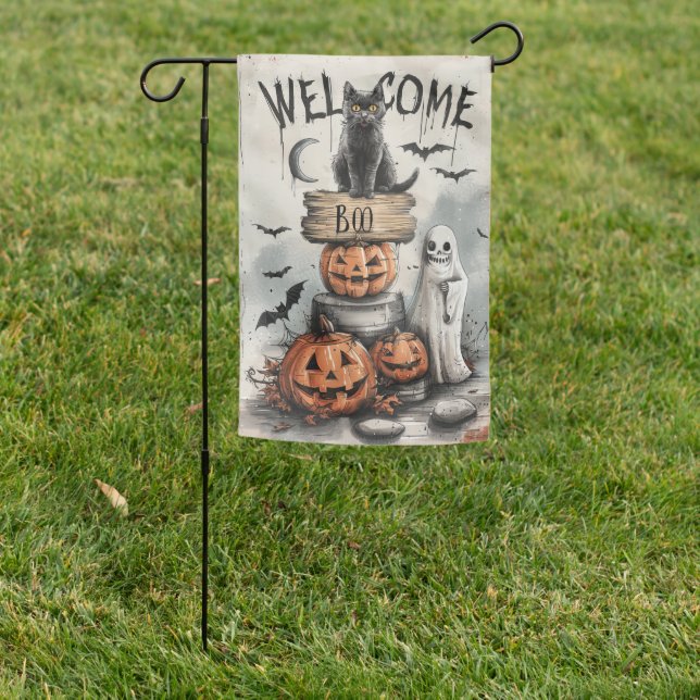 Black Cat Ghost Jack O'Lantern Halloween Garden Flag (In SItu)