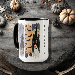 Black Cat, Ghost, Pumpkin, Bats & Haunted House Mug