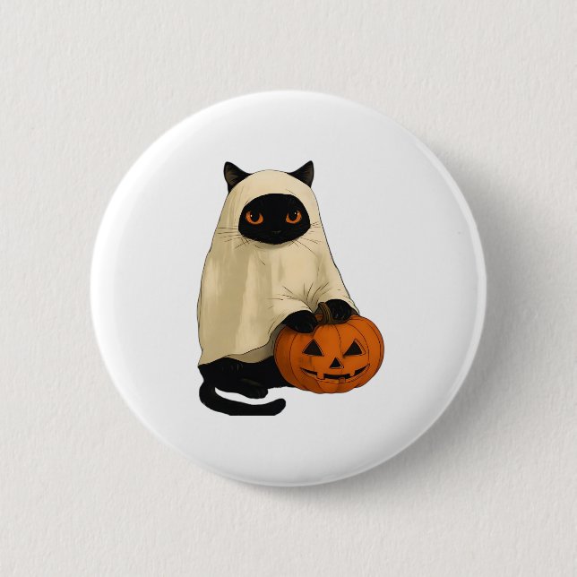Black Cat Ghost with Pumpkin Essential T-Shirt Button (Front)