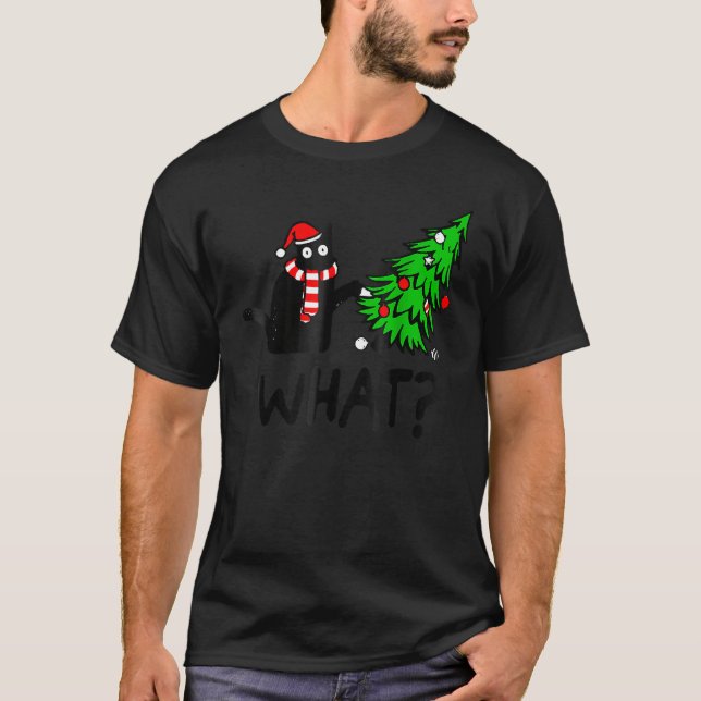 Black Cat Gift Pushing Christmas Tree Over Cat Wha T-Shirt (Front)
