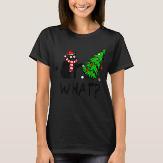 Black Cat Gift Pushing Christmas Tree Over Cat Wha T-Shirt