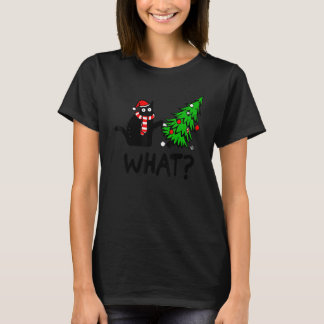 Black Cat Gift Pushing Christmas Tree Over Cat Wha T-Shirt