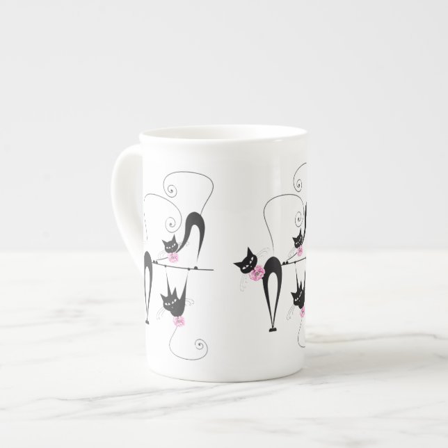 Black cat girly pink bone china mug (Front Left)