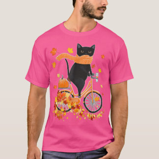Black Cat Go Cycling Autumn Fall Thanksgiving Bicy T-Shirt