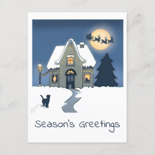 Black Cat going Home in Snowy Night with Santa Holiday Postcard