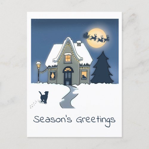 Black Cat going Home in Snowy Night with Santa  Holiday Postcard