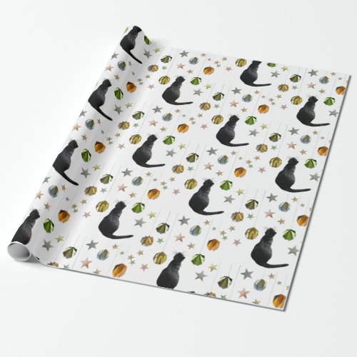 Black Cat Gold Ball and Stars Wrapping Paper