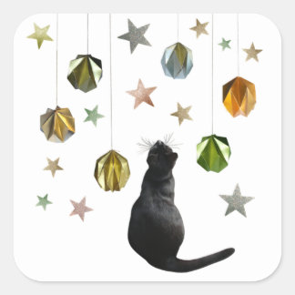 Black Cat Gold Balls Holiday Stickers