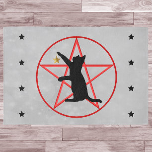 Black Cat Gold star Red pentagram Black Stars Grey Rug