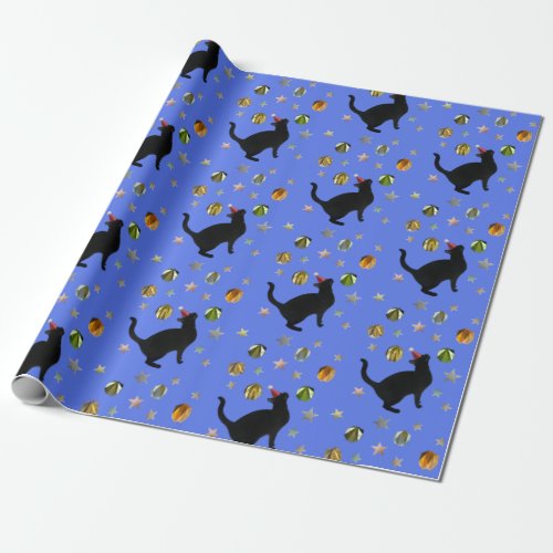 Black Cat Gold Stars Blue Wrapping Paper
