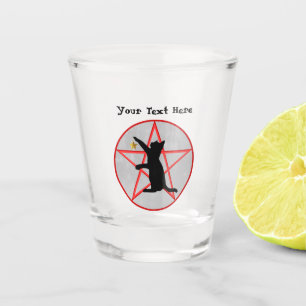 Black cat Golden Star in Red Pentagram on Grey Shot Glass