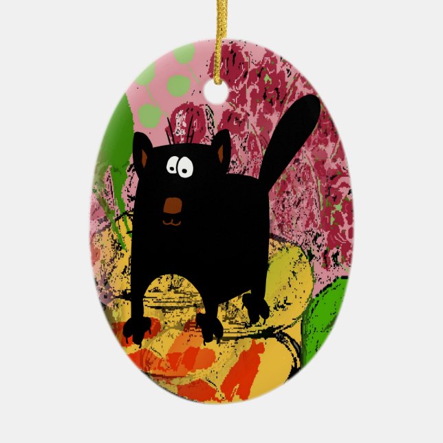Black Cat & Goldfish add text Ceramic Ornament (Front)