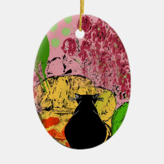 Black Cat & Goldfish add text Ceramic Ornament