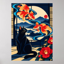 Black Cat Goldfish Japanese Art Deco Poster